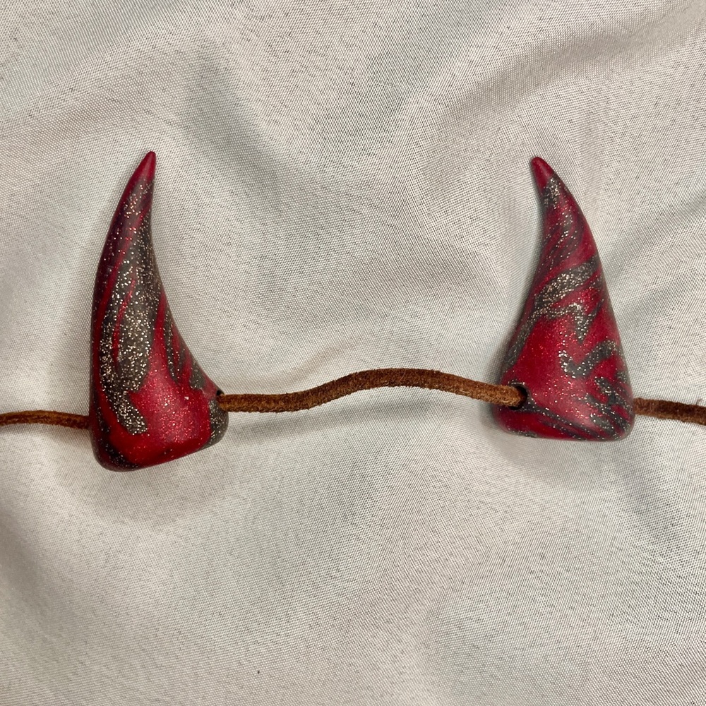 Dark Red glittered horns, adjustable leather cord Majestic creature costume